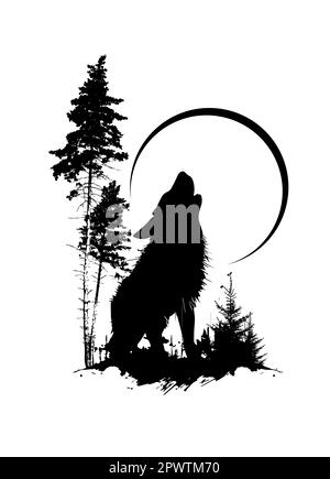 Le loup hurle à la lune graphiques. Tatouage, imprimé t-shirt. Illustration vectorielle Illustration de Vecteur