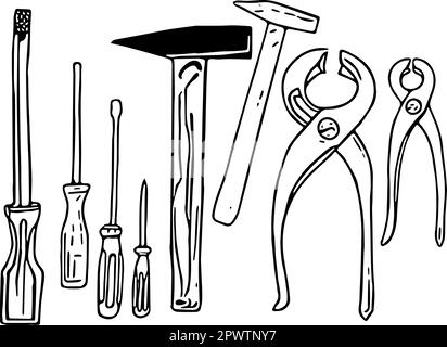 Outils pour l'artisanat. Un jeu avec tournevis, pince et marteau. Contours dessinés comme vecteur sur fond transparent. Illustration de Vecteur