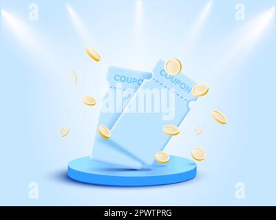 bon de 3d pièces sur fond bleu podium. bon de réduction de 3d pièces. Modèle de remise de carte de bon d'achat avec promotion de code de bon d'achat. Illustration vectorielle. Illustration vectorielle Illustration de Vecteur