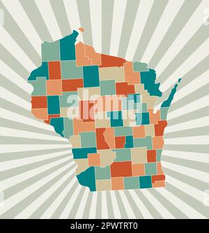 Carte du Wisconsin. Affiche avec carte de l'état US dans la palette de couleurs rétro. Forme du Wisconsin avec arrière-plan rayons de soleil. Illustration vectorielle. Illustration de Vecteur