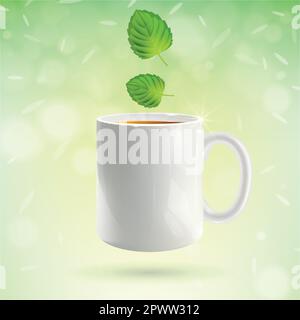 tasse de thé du matin avec feuilles de menthe sur fond vert clair Illustration de Vecteur