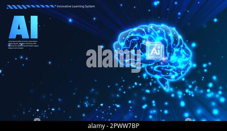 Jeu de composants de la technologie ai sur un cerveau de gradient shinny abstrait dans un arrière-plan futuriste de style bleu ton Illustration de Vecteur