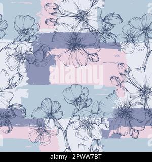 Motif sans couture et fleurs de cerisier. Illustration vectorielle vintage dessinée à la main dans un style d'esquisse. Imprimé en tissu de fleurs de cerisier rose, arbre de printemps blos Illustration de Vecteur