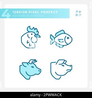 Produits de viande et de poisson pixel Perfect bleu RVB jeu d'icônes de couleur Illustration de Vecteur