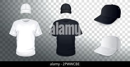 T-shirts blancs et noirs avec casquettes sur fond transparent Illustration de Vecteur