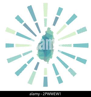 Soleil de Sainte-Lucie. Faible rayure de polyrayons et carte de l'île. Illustration vectorielle artistique. Illustration de Vecteur