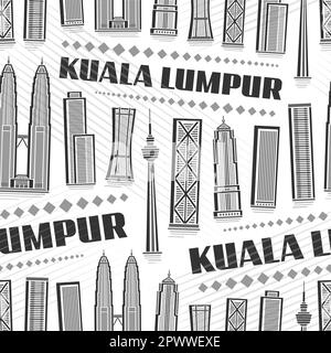 Motif vectoriel Kuala Lumpur sans couture, arrière-plan répétitif avec illustration de paysage urbain asiatique sur fond blanc pour papier d'emballage, noir monochrome Illustration de Vecteur