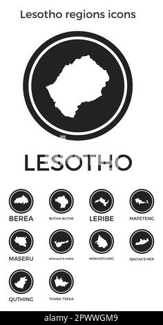 Icônes des régions du Lesotho. Logos ronds noirs avec cartes et titres des pays. Illustration vectorielle. Illustration de Vecteur