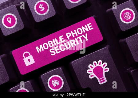 Affiche textuelle indiquant la sécurité du téléphone mobile, approche professionnelle données sécurisées sur les appareils mobiles sécurité sans fil Banque D'Images