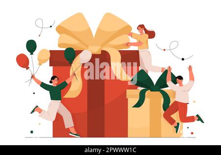 Homme et femmes près de cadeau Illustration de Vecteur