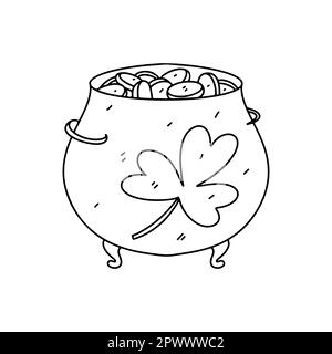Pièces dans le St. patrick s pot décoré avec trèfle dans le style de l'oodle dessiné à la main. Illustration vectorielle isolée sur blanc. Page de coloriage Illustration de Vecteur