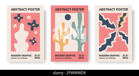 Fleurs groovy abstraites. Affiches Matisse, lignes bio minimalistes, œuvres d'art florales contemporaines, ensemble de fleurs. Col rose et beige Illustration de Vecteur