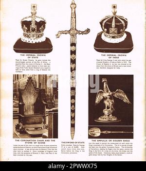 Couronnement régal. La couronne impériale d'État, la couronne impériale de l'Inde, l'épée d'État, la chaise de couronnement, et la pierre de scone, l'Ampula ou l'aigle d'or et la cuillère d'onction du couronnement d'or Banque D'Images