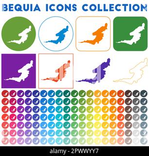 Collection d'icônes Bequia. Icônes de carte tendance colorées et lumineuses. Badge Bequia moderne avec carte de l'île. Illustration vectorielle. Illustration de Vecteur