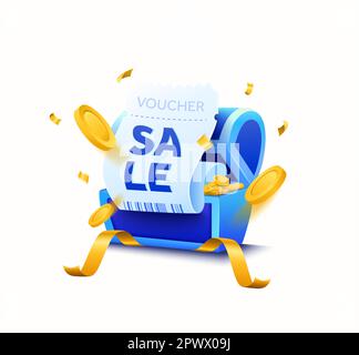Ouvrir la poitrine avec le coupon. Pile de pièces de monnaie en or brillant. Le vecteur isolé du symbole de succès ou de profit du mystère médiéval se trouve sur fond blanc.Illustration du gagnant du prix dans un style asiatique. Illustration vectorielle Illustration de Vecteur
