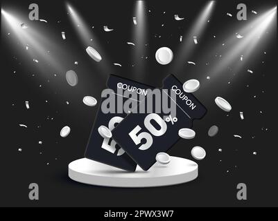 bon de 3d pièces sur fond de podium gris. bon de réduction de 3d pièces. Modèle de remise de carte de bon d'achat avec promotion de code de bon d'achat pour l'événement du Vendredi fou. Illustration vectorielle Illustration de Vecteur