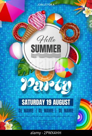 Arrière-plan d'été avec des jets colorés sur l'eau de la piscine. Affiche d'été avec anneaux de natation flottants, radeaux de piscine et ballons de plage Illustration de Vecteur