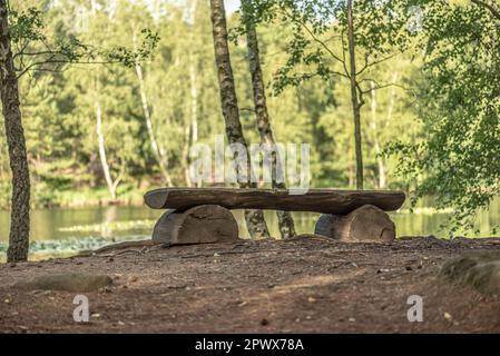 Göteborg, Suède - 02 juillet 2020: Banc de bois en rondins dans la forêt. Banque D'Images