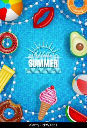 Arrière-plan d'été avec des jets colorés sur l'eau de la piscine. Affiche d'été avec anneaux de natation flottants, radeaux de piscine et ballons de plage Illustration de Vecteur