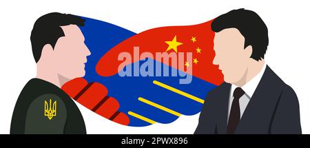 Le président chinois Xi Jinping et le président ukrainien Volodymyr Zelensky sur fond d'une poignée de main peinte dans les couleurs des drapeaux de la Chine A. Illustration de Vecteur