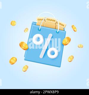 Panier avec coupons ou bons de réduction. Achats et achats en ligne. Bons de réduction avec pièces d'or volantes. Illustrateur vectoriel. 3d panier et panier. Arrière-plan bleu. Illustration vectorielle Illustration de Vecteur