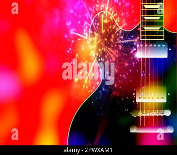 Guitare de type semi-acoustique noire sur fond rouge brillant Banque D'Images