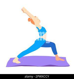 Entraînement en yoga pose de cheveux rad fille européenne en bleu tracksuit sur un tapis violet. Pilates, sport, santé. Femme, femme, femme. Illustration vectorielle dans Illustration de Vecteur