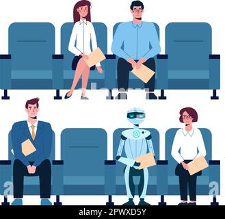 Séminaire d'affaires, personnes et intelligence artificielle. Des femmes, des hommes et des robots regardent une présentation, participant à une conférence scientifique sur l'IA. Vecteur, caractère plat. Illustration de Vecteur