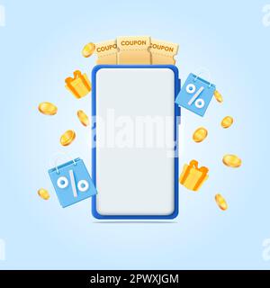 Stratégie de promotion, bon cadeau, bon de réduction et concept de bon cadeau. Main tenant un smartphone mobile avec des pièces de monnaie dorées de mouche et une boîte cadeau jaune de mouche. Concept de paiement en ligne. chariot à provisions. Illustration vectorielle Illustration de Vecteur