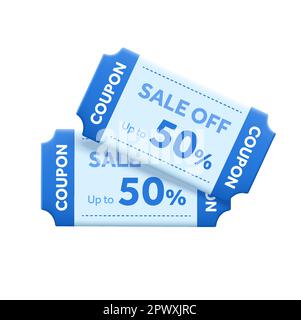 Code commande en ligne 3D vecteur de prix, coupons de réduction et bons de réduction. Rabais de 50 %. Coupons bleus sur fond blanc. Illustrateur vectoriel. Illustration vectorielle Illustration de Vecteur