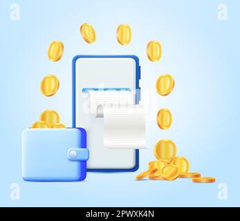 3D transfert d'argent mobile en ligne vers le porte-monnaie. De nombreuses pièces d'or volent. Paiement en ligne sécurisé, services bancaires mobiles, paiement de factures et remboursement en ligne. Illustration vectorielle. Illustration vectorielle Illustration de Vecteur