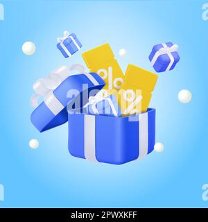 Surprise de la boîte cadeau d'ouverture, coupon de réduction, bon d'échange, cadeau dans la boîte cadeau ouverte. Gagnez des points, un programme de fidélité, des récompenses et des achats en ligne. Pour les promotions et les réductions favorables. vecteur 3d. Illustration vectorielle Illustration de Vecteur