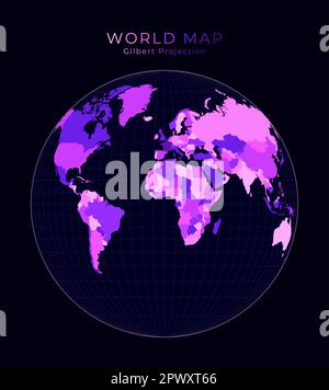 Carte du monde. Projection de la perspective deux-monde de Gilbert. Illustration numérique. Couleurs néon rose vif sur fond sombre. Illustration vectorielle créative. Illustration de Vecteur