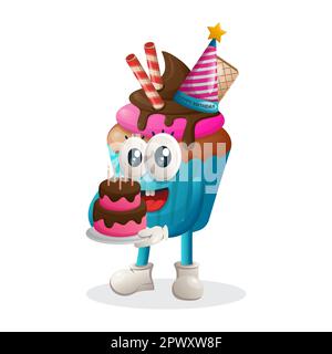 Adorable mascotte de cupcake portant un chapeau d'anniversaire, tenant un gâteau d'anniversaire. Idéal pour les magasins d'alimentation, les petites entreprises ou le commerce électronique, les marchandises et les autocollants Illustration de Vecteur