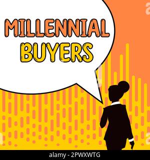 Affiche textuelle montrant les acheteurs du millénaire, mot écrit sur le type de consommateurs qui sont intéressés par les produits tendance Banque D'Images