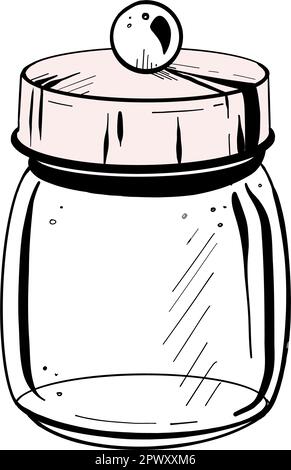 Illustration vectorielle d'un conteneur en verre fermé avec couvercle plein sur fond blanc. Contour noir, dessin graphique dans les courbes. Pour cartes postales, design et Illustration de Vecteur