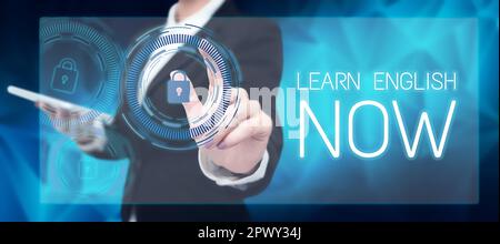 Signe d'écriture à la main apprendre l'anglais maintenant, mot pour acquérir ou acquérir des connaissances et des compétences de la langue anglaise Banque D'Images
