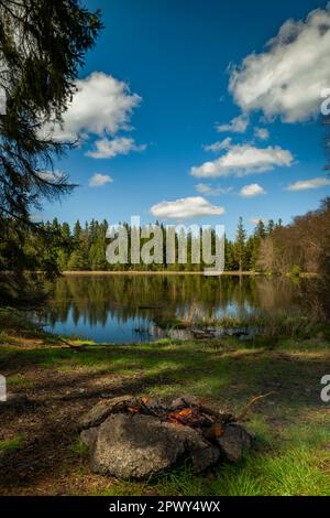 Cheminée près de l'étang d'eau bleu au printemps forêt verte légère dans les montagnes de Slavkovsky les Banque D'Images