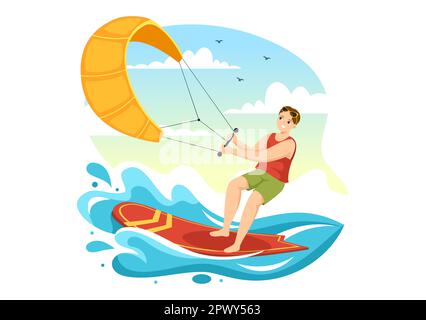 Illustration du kitesurf avec Kite Surfer debout sur le terrain de Kitboard dans la mer d'été dans les sports d'eau extrême modèle de dessin à la main de dessin à plat de dessin Banque D'Images