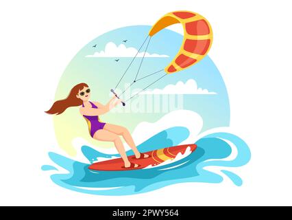 Illustration du kitesurf avec Kite Surfer debout sur le terrain de Kitboard dans la mer d'été dans les sports d'eau extrême modèle de dessin à la main de dessin à plat de dessin Banque D'Images