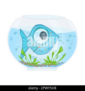 Un bol à poisson de dessin animé avec du poisson bleu drôle, de l'eau, des algues, des pierres et des bulles. Animal marin d'aquarium coloré. Icône en forme de bol à poisson rond en verre. Vecteur Illustration de Vecteur