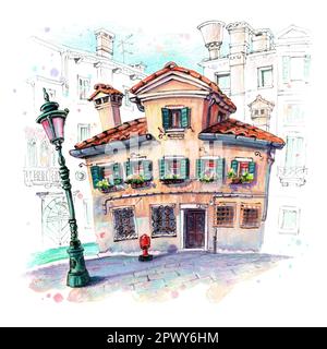 Croquis aquarelle d'une maison vénitienne typique dans le quartier de Castello, Venise, Italie. Banque D'Images