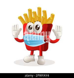 Adorable mascotte de frites portant un masque médical, protéger de la covid-19. Idéal pour les magasins d'alimentation, les petites entreprises ou le commerce électronique, la marchandise et l'autocollant, b Illustration de Vecteur