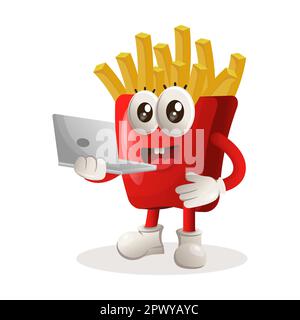 Une adorable mascotte de frites fonctionnant avec un ordinateur portable. Idéal pour les magasins d'alimentation, les petites entreprises ou le commerce électronique, la marchandise et l'autocollant, la promotion de bannière, la nourriture Illustration de Vecteur