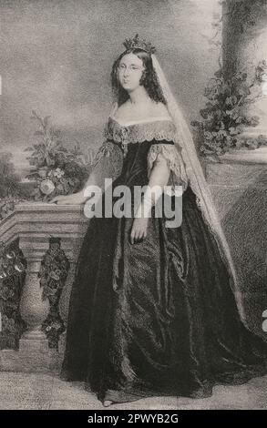 Sophie de Württemberg (1818-1877). Reine des pays-Bas (1849-1877) et Grande duchesse de Luxembourg. Première femme du roi William III des pays-Bas. Portrait. Dessin de A. Cortés y Vallejo. Lithographie de J.J. Martinez. Reyes Contemporáneos. Volume I. Publié à Madrid, 1855. Banque D'Images