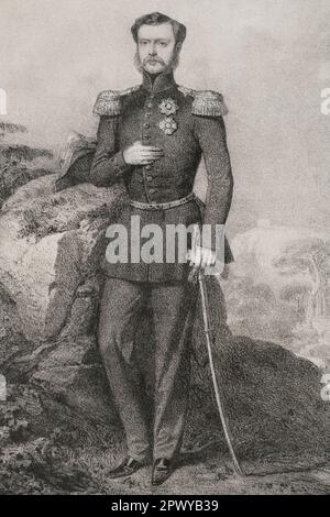 Karl I de Württemberg (1823-1891). Troisième roi de Württemberg (1864-1891). Portrait de Karl Friedrich Alexander en tant que prince héritier de Württemberg. Dessin de J. Vallejo. Lithographie par J. Donón. 'Reyes Contemporáneos'. Volume I. Publié à Madrid, 1855. Banque D'Images