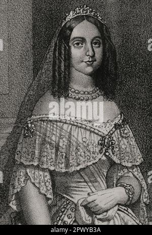 Teresa Cristina des deux Siciles (1822-1889). Pincess du Royaume des deux Siciles. Après son mariage en 1843 avec l'empereur Pedro II du Brésil, elle devint l'impératrice du Brésil. Portrait. Dessin de B. Blanco. Lithographie par J. Donón. Détails. 'Reyes Contemporáneos'. Volume I. Publié à Madrid, 1855. Banque D'Images