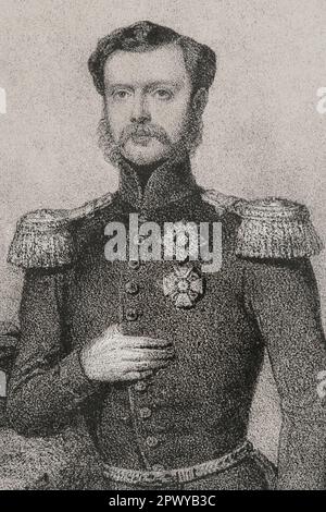 Karl I de Württemberg (1823-1891). Troisième roi de Württemberg (1864-1891). Portrait de Karl Friedrich Alexander en tant que prince héritier de Württemberg. Dessin de J. Vallejo. Lithographie par J. Donón. Détails. 'Reyes Contemporáneos'. Volume I. Publié à Madrid, 1855. Banque D'Images