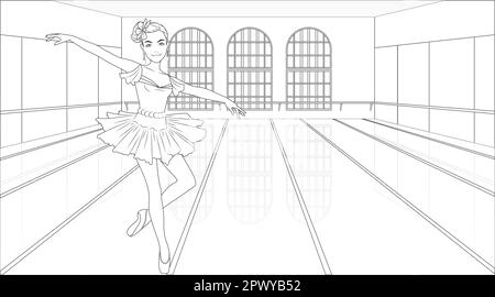 Ballerina coloriage page avec personnage féminin sur un arrière-plan de Dancing Studio. Illustration vectorielle Illustration de Vecteur