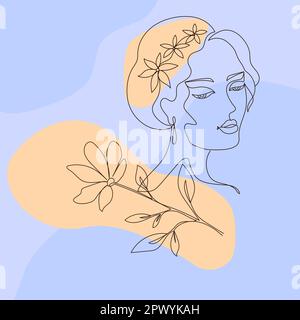 Illustration de la face de ligne Portrait de femme dessiné à la main avec des feuilles et des fleurs. Fille abstraite avec décoration florale dans les cheveux. Dessin contemporain pour des imprimés, outeil Illustration de Vecteur